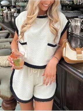 Summer Tweed Set Pullover Top Shorts Color Block Trim 2 Piece Outfits Pockets S